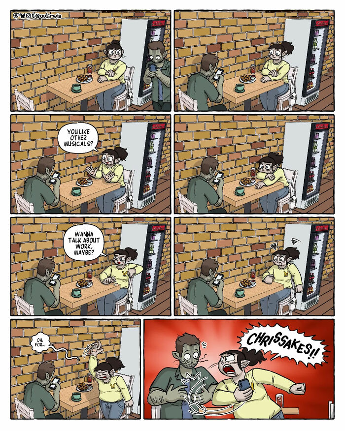 Two friends share a chaotic moment at a table, struggling to connect while distracted by their phones in a shared home.