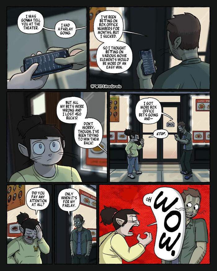 Comic illustration showing the chaos of sharing a home with friends through a heated conversation about betting losses.