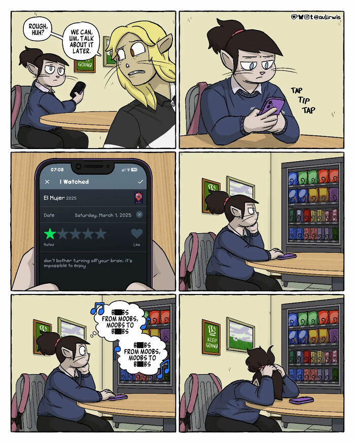 Comic strip showing the chaos of sharing a home with friends through a tense and distracted character using a phone.