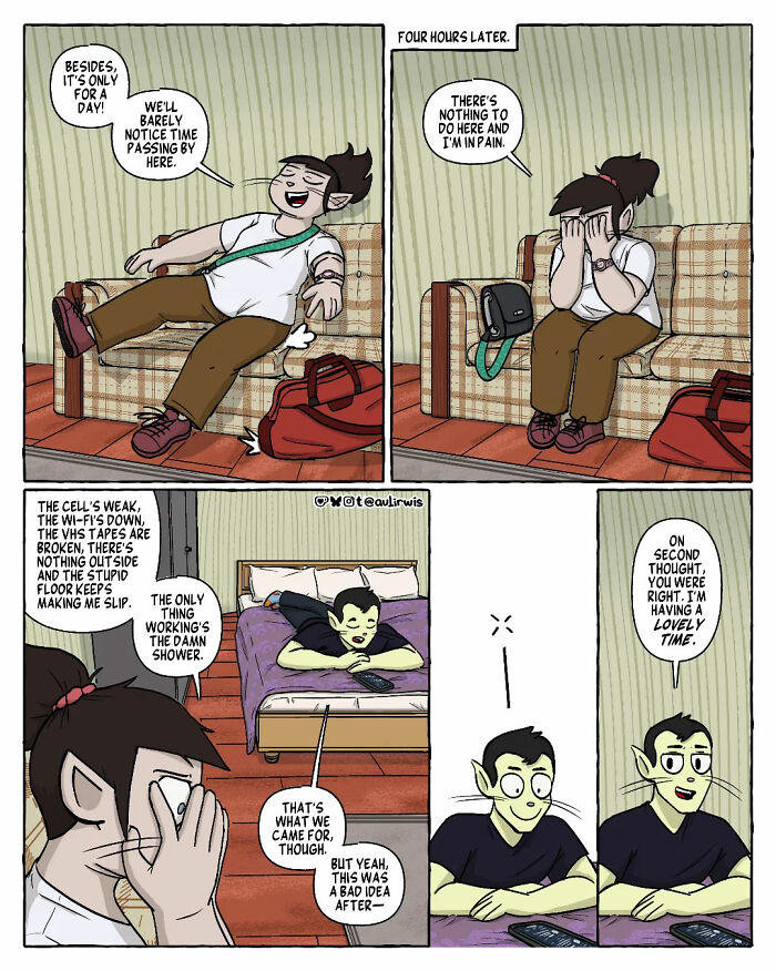 Comic panels showing characters experiencing the chaos and awkward moments of sharing a home with friends.