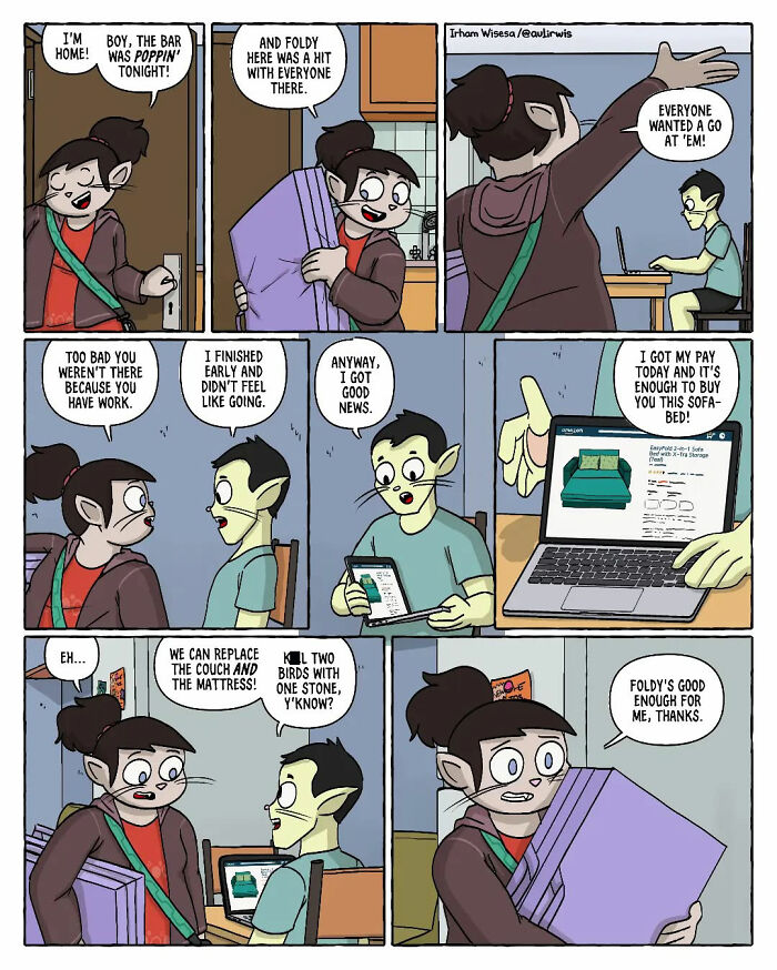 Comic strip showing the chaos of sharing a home with friends, featuring characters discussing buying a new sofa-bed.