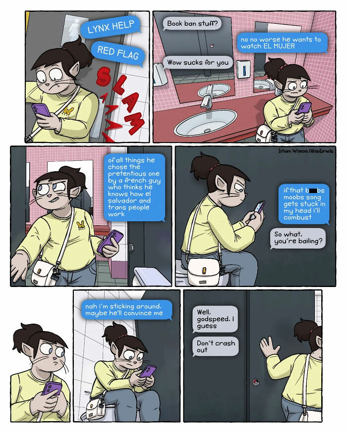 Comic panels showing a person navigating the chaos of sharing a home with friends, using a phone in a restroom.