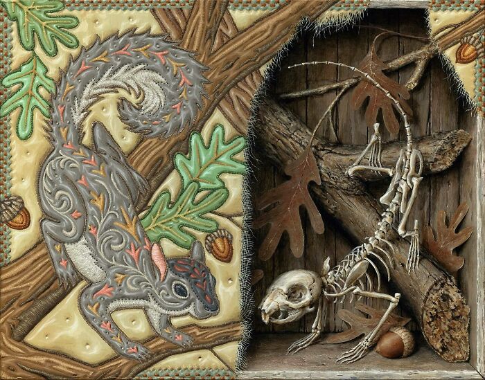 Intricately painted squirrel transforming into a detailed skeleton hidden behind natural elements by Jason Limon.