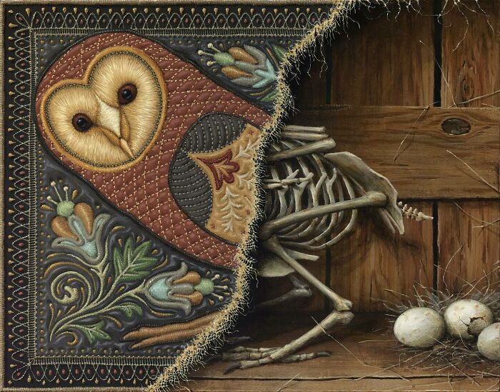 Intricate painting by Jason Limon showing a skeleton owl hidden behind a tapestry in a natural wood setting with eggs.