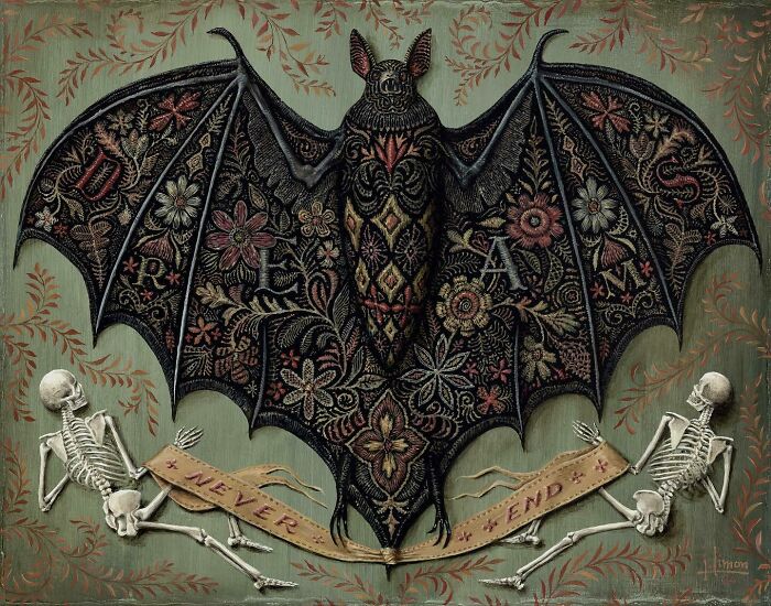 Intricately painted skeletons holding a banner beneath a detailed bat with floral patterns, highlighting hidden scenes of nature.