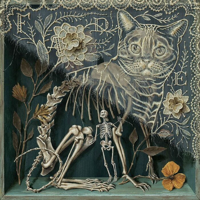 Surreal painting of a cat with skeletons hidden behind nature elements by Jason Limon in muted colors and intricate embroidery.
