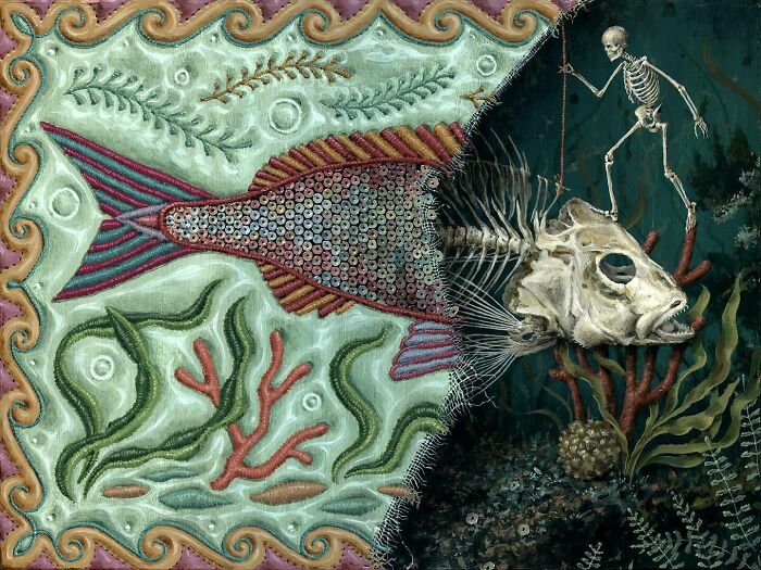 Fish skeleton revealed behind embroidered nature scene with a small skeleton figure in underwater setting by Jason Limon.
