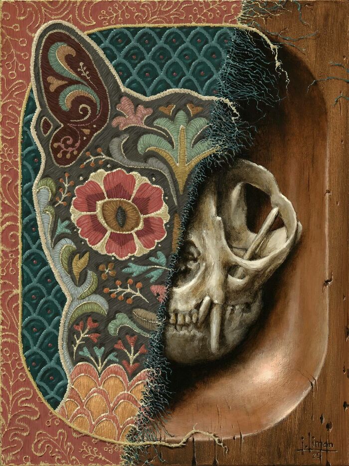 Intricate painting showing a skeleton hidden behind a detailed embroidered nature scene by Jason Limon.