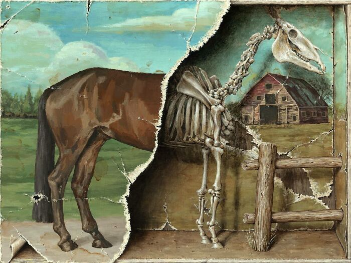 Horse painting revealing skeleton behind torn canvas in a rustic outdoor scene by Jason Limon’s art style.