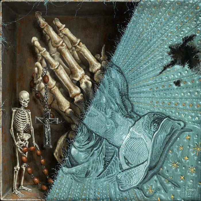 Skeleton art by Jason Limon featuring detailed bones and a hand holding a rosary in a nature-inspired scene.