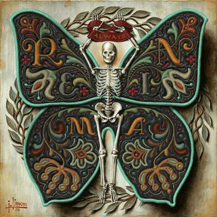 Skeleton painted with intricate nature-inspired patterns blending into butterfly wings in Jason Limon's art style.