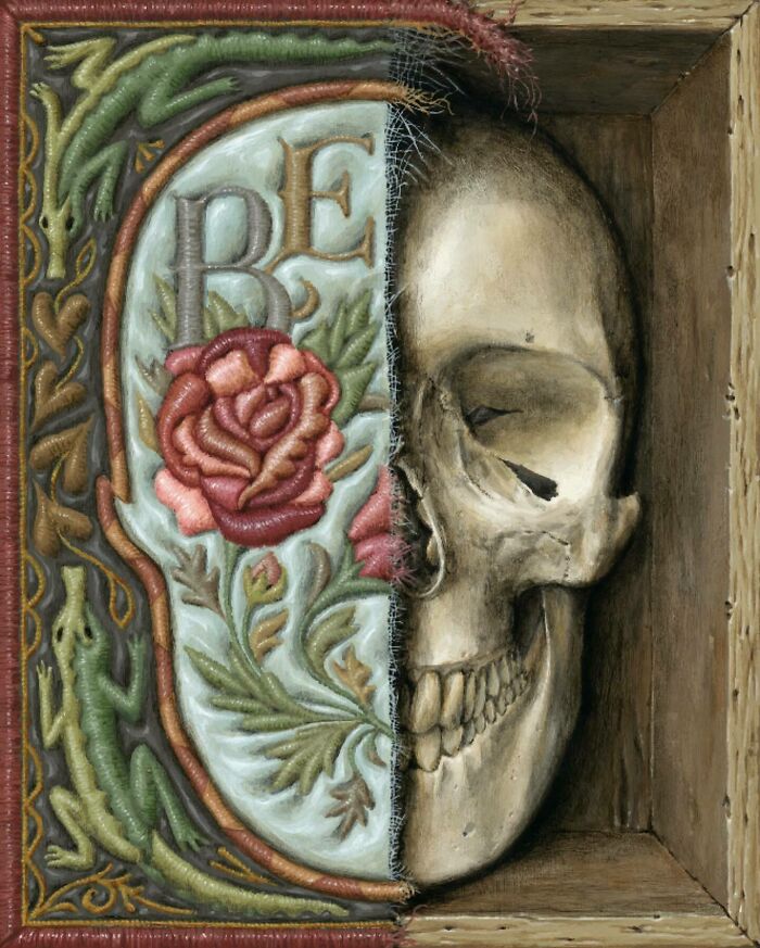 Half of an embroidered floral design revealing a painted skull hidden behind in Jason Limon’s skeleton art.