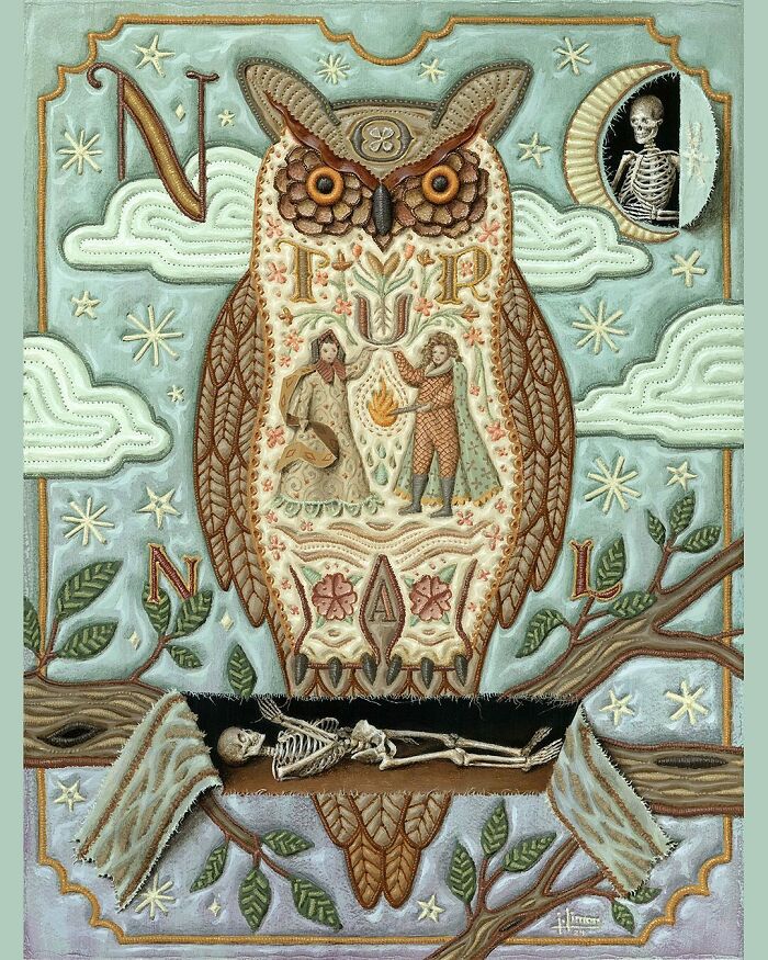 Intricate painting by Jason Limon showing an owl with skeletons hidden behind natural elements on a tree branch.