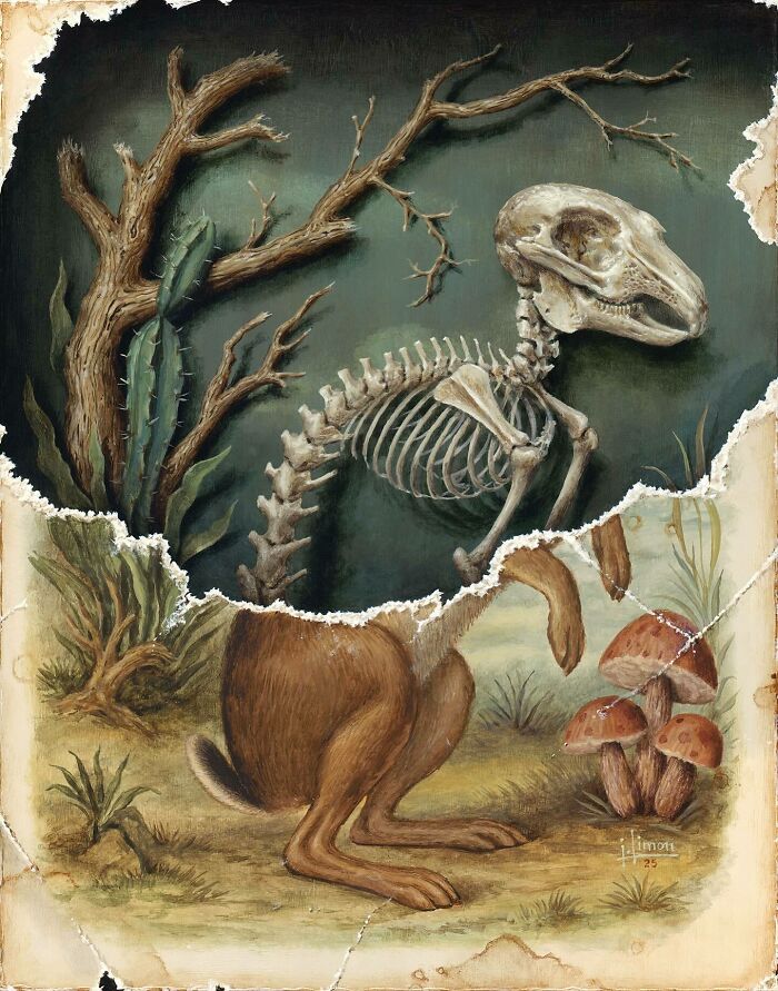 Painting by Jason Limon showing a skeleton hidden behind a natural scene with a rabbit and mushrooms.