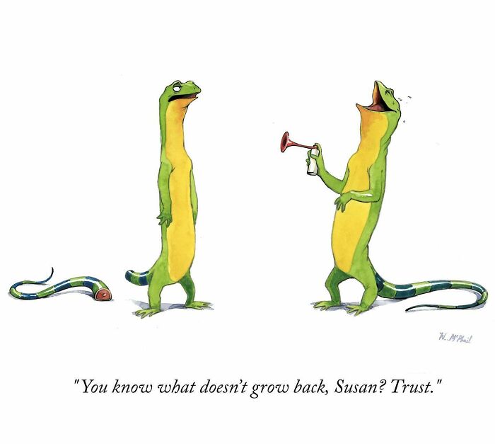 Hilarious comic with unexpected twists showing two lizards, one holding a horn and the other missing its tail.