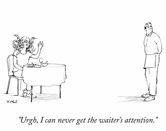 Woman with snake hair waves at waiter in hilarious comic with an unexpected twist by The New Yorker cartoonist.