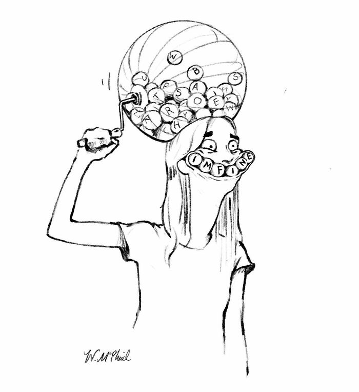 Black and white comic of a person with a gumball machine for a head, spelling out I’m fine using lettered gumballs, unexpected twist.