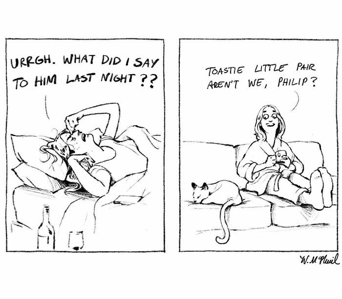 Woman lying in bed worried about last night, then relaxing with cat, in a hilarious comic with unexpected twists.