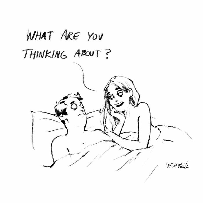 Couple in bed with woman asking man what he is thinking about in a hilarious comic with unexpected twists.