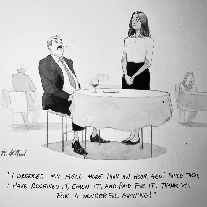 Black and white comic showing a man surprised at a restaurant, highlighting hilarious comics with unexpected twists.