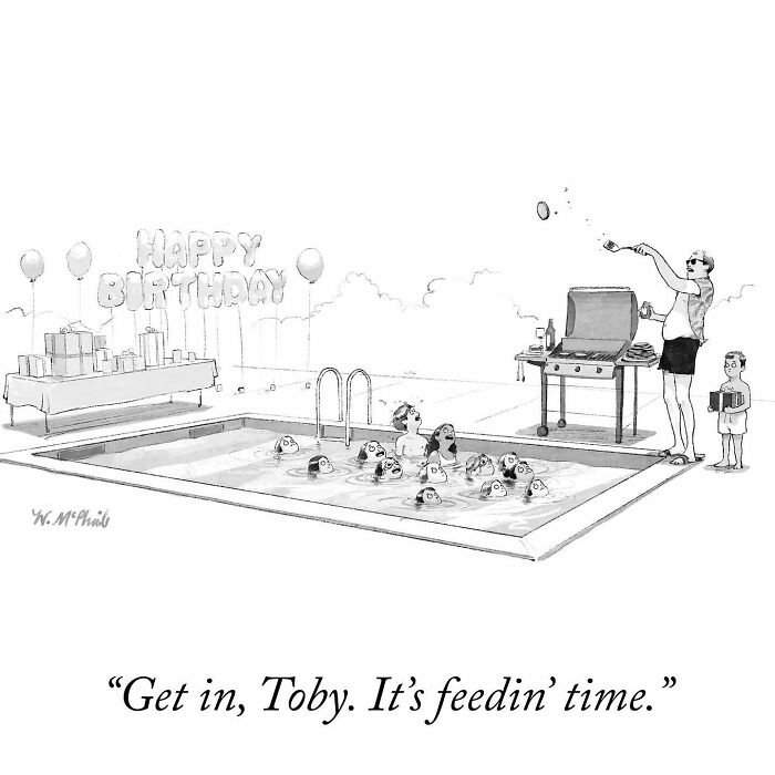 Cartoonist’s hilarious comic shows a man grilling by a pool filled with people, capturing unexpected twists and humor.