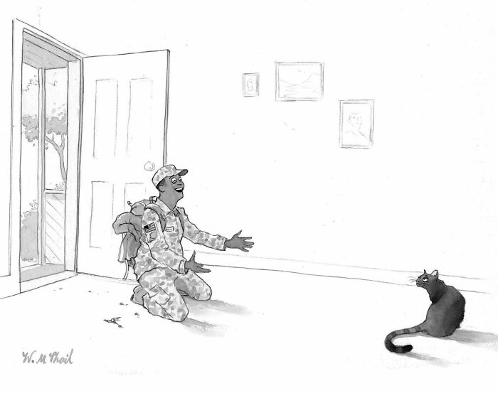 Soldier in uniform joyfully greets a black cat at the doorway in a hilarious comic with unexpected twists.