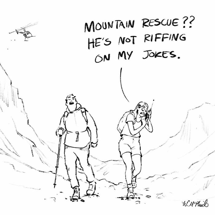 Hiker calls for mountain rescue in hilarious comic with unexpected twists and turns by The New Yorker cartoonist.