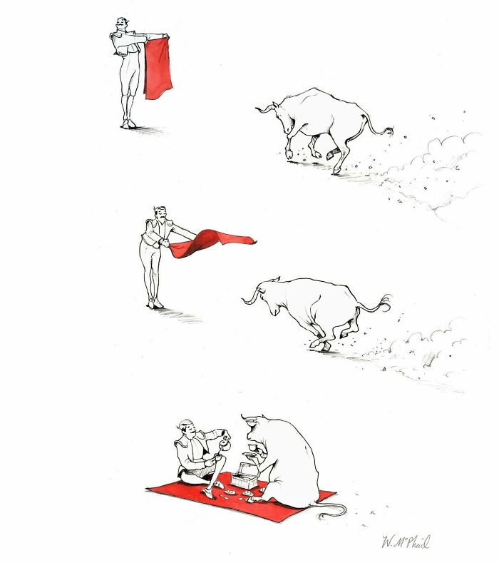 Cartoonist’s hilarious comic with unexpected twists showing a bull turning from a charge to a calm tea party.