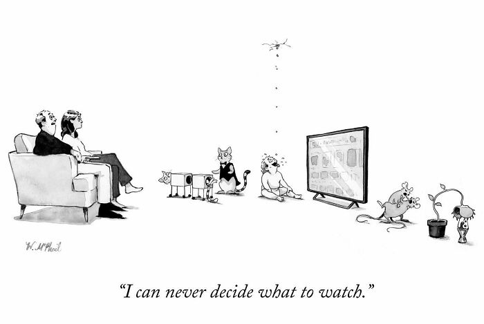 Couple and animals watching TV in a hilarious comic with unexpected twists and turns by a New Yorker cartoonist.