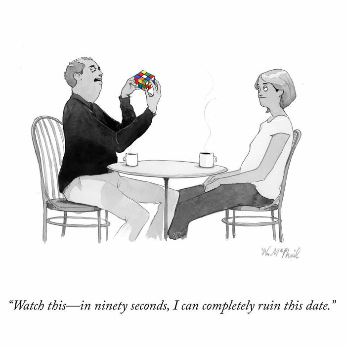 Man holding a Rubik's Cube while sitting at a table with a woman in a hilarious comic with unexpected twists.