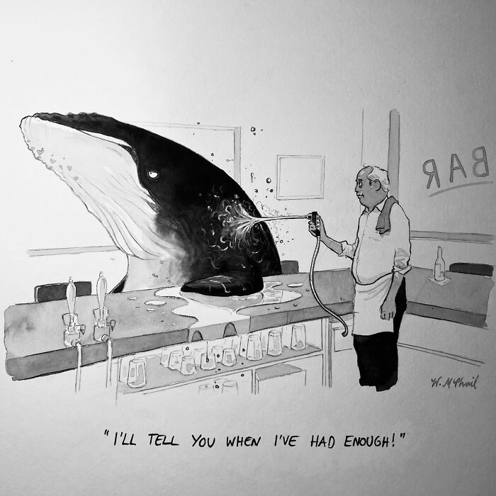 Cartoon of a bartender spraying a whale on the bar counter, showcasing hilarious comics with unexpected twists.
