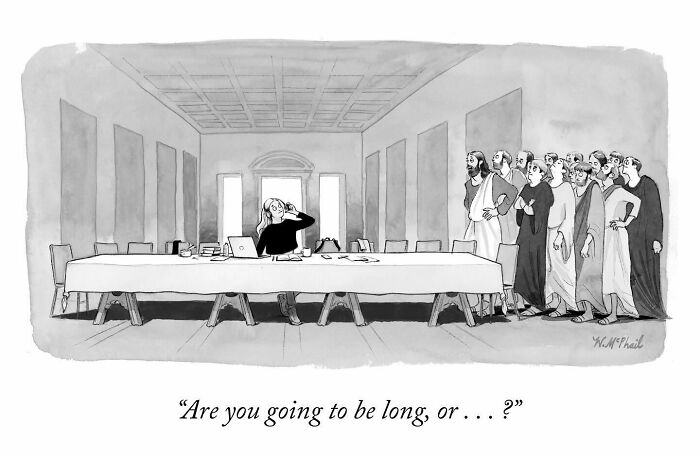 A hilarious comic with an unexpected twist showing a modern woman and biblical figures in a long room.