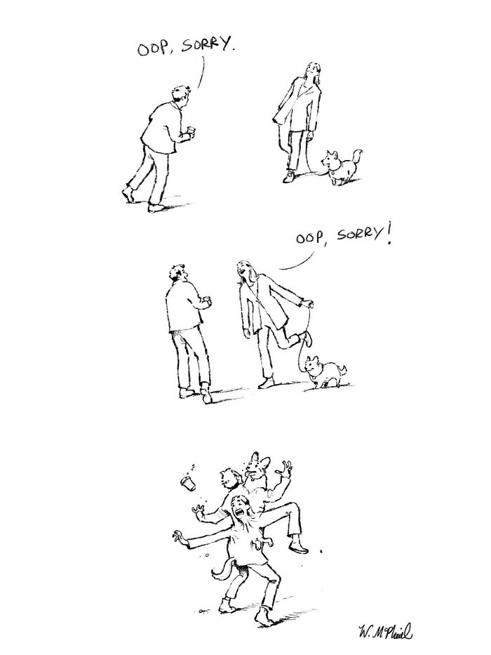 Black and white comic showing a man and woman repeatedly saying sorry before a humorous unexpected twist.