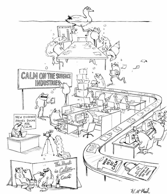 Comic of frogs working underwater at Calm on the Surface Industries, illustrating hilarious twists in a cartoon office setting.