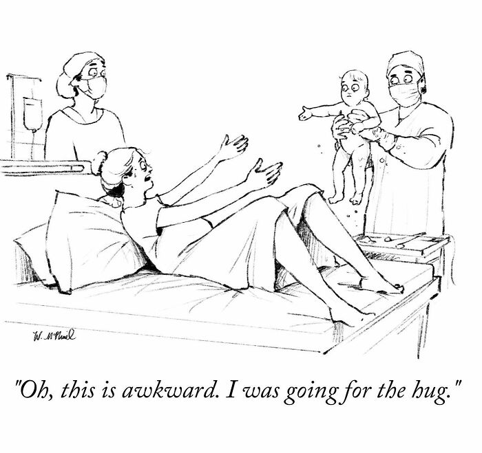 Hilarious comic shows a mother in labor reaching out, confused, as doctor holds a baby instead of a bug in a hospital scene.