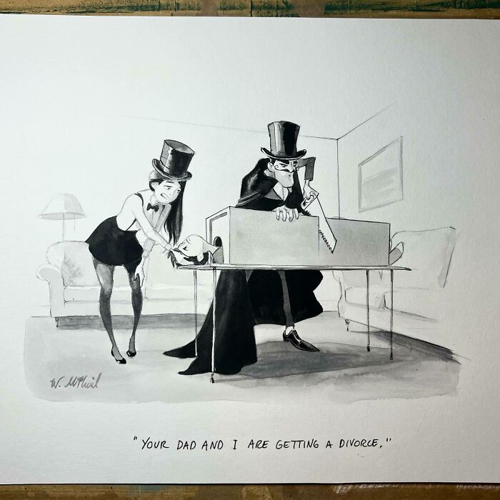 Black and white comic illustration depicting a magician couple with a clever unexpected twist at a table.