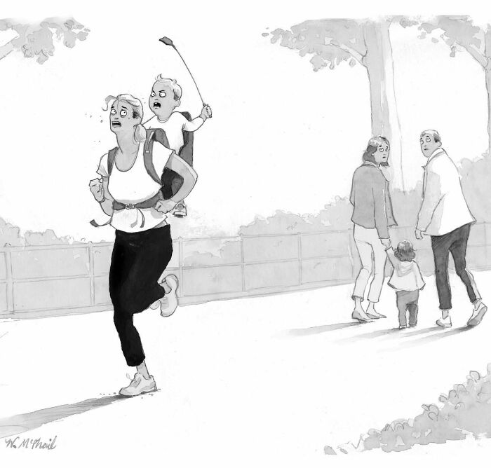 Black and white comic showing a woman jogging with an angry child holding a golf club in a humorous twist cartoon style.