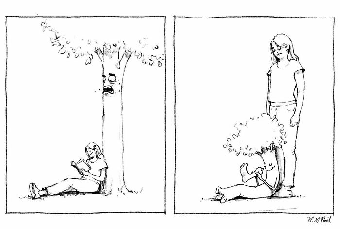 Two-panel comic showing a girl reading under a tree that reacts with unexpected emotions in a hilarious twist.