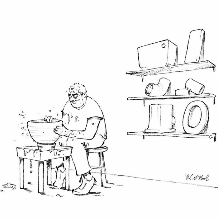 Man making pottery on a wheel with ceramics on shelves in a hilarious comic with unexpected twists and turns.