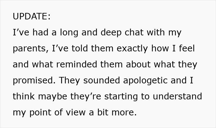 Text update from parents gift 17YO golden child $25K car while older sibling given phone case conflict resolution discussion
