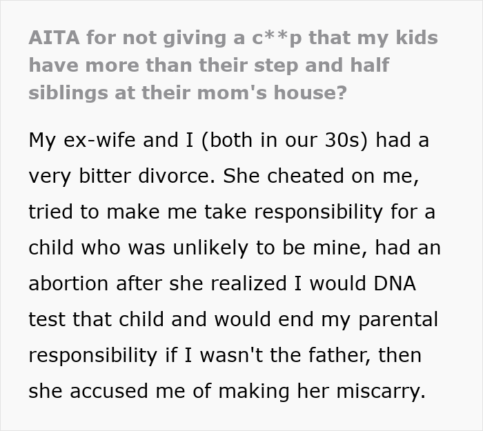 Text post discussing a cheater wanting rich ex to provide for her kids and only taking son on fancy trips. Text post discussing a cheater wanting rich ex to provide for her kids and only taking son on fancy trips.