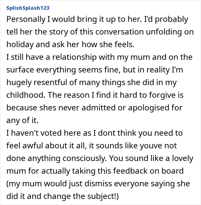 Comment discussing a mom of 4 regretting using her daughter as a family scapegoat, expressing childhood resentment and forgiveness. Comment discussing a mom of 4 regretting using her daughter as a family scapegoat, expressing childhood resentment and forgiveness.