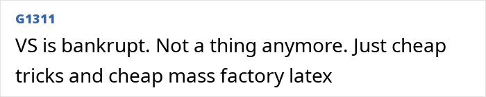 Screenshot of a comment criticizing Victoria’s Secret, mentioning bankruptcy and cheap mass factory latex products.