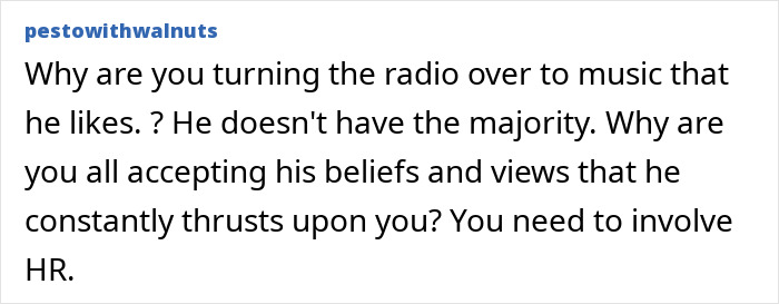 Text post complaining about a religious man pushing beliefs on coworkers, suggesting involvement of HR due to work life issues. Text post complaining about a religious man pushing beliefs on coworkers, suggesting involvement of HR due to work life issues.
