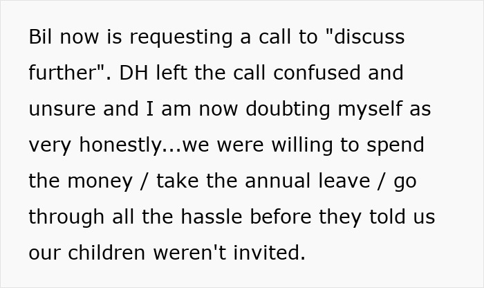 Text expressing doubt after willing to spend money and travel time for BIL's wedding, canceled due to child-free policy. Text expressing doubt after willing to spend money and travel time for BIL's wedding, canceled due to child-free policy.