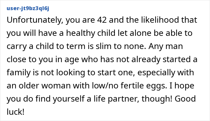 Text post showing a user commenting on fertility challenges and relationship advice for a 42-year-old woman. Text post showing a user commenting on fertility challenges and relationship advice for a 42-year-old woman.