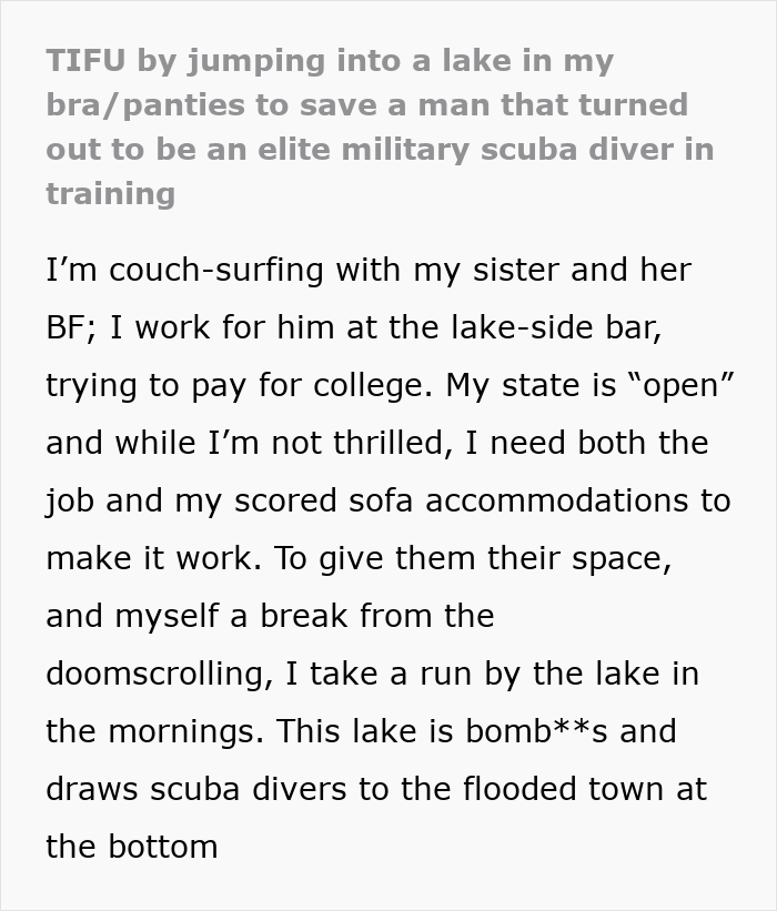 Woman tries to save elite military diver by jumping into lake, leading to an unexpected date despite her embarrassment Woman tries to save elite military diver by jumping into lake, leading to an unexpected date despite her embarrassment
