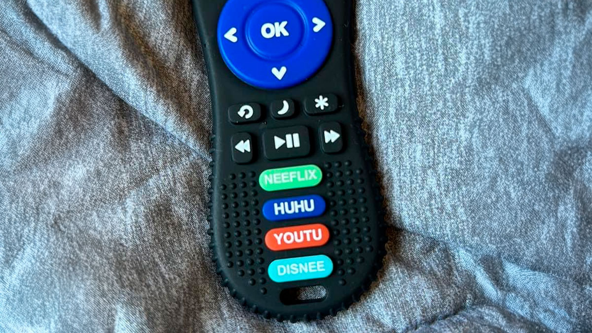 Remote control with misspelled streaming service buttons showing careless online shopping backfired in a humorous way.