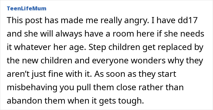 Comment from TeenLifeMum expressing anger about stepchildren and emphasizing the importance of maintaining family relationships in a son&rsquo;s house.