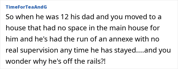 Comment discussing a son given freedom in an annexe and its impact on family relationship and behavior.